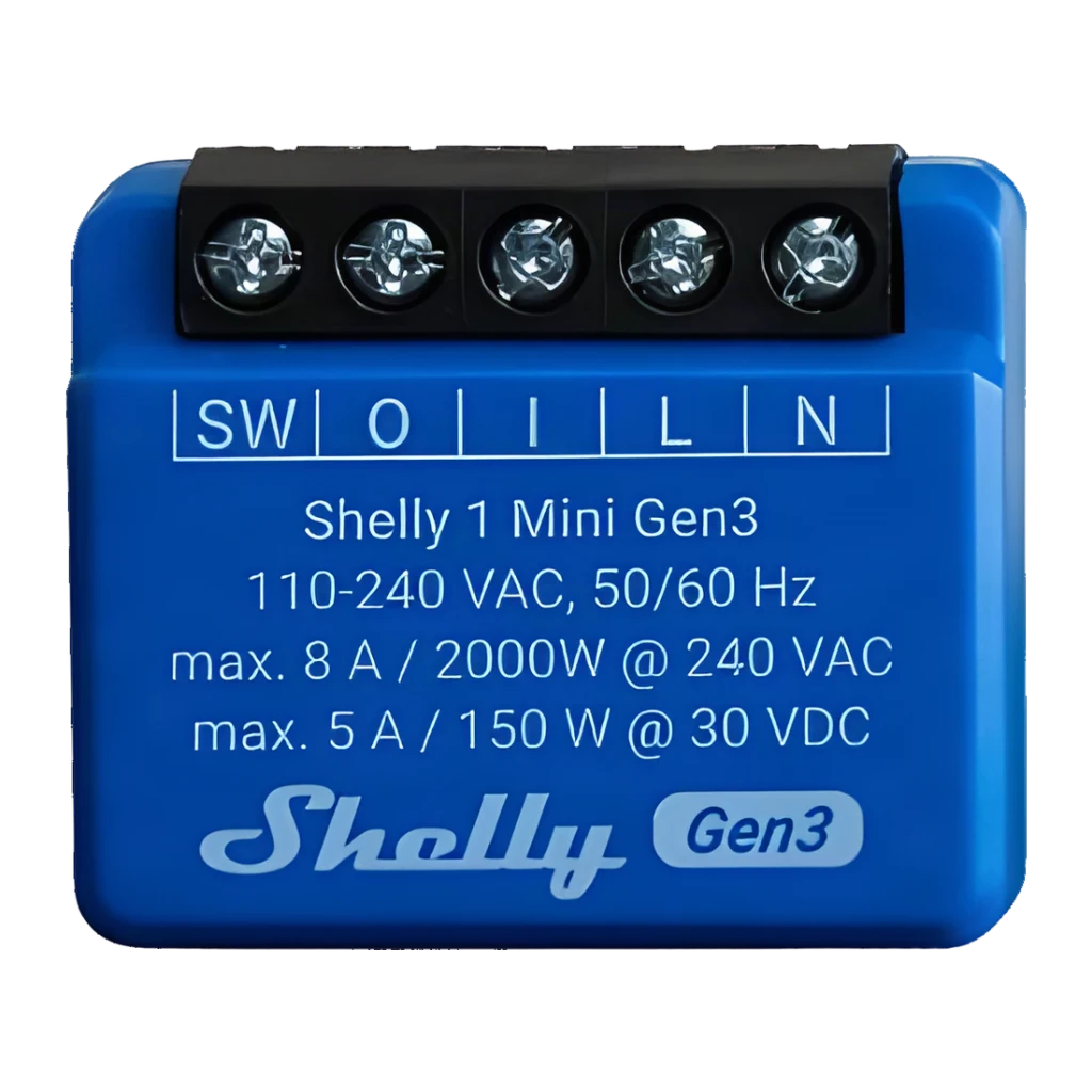 Relais intelligent Shelly 1 Mini Gen3 Bleu WiFi 2,4 GHz + Bluetooth 8A, vue avant: corps bleu avec borniers SW O I L N