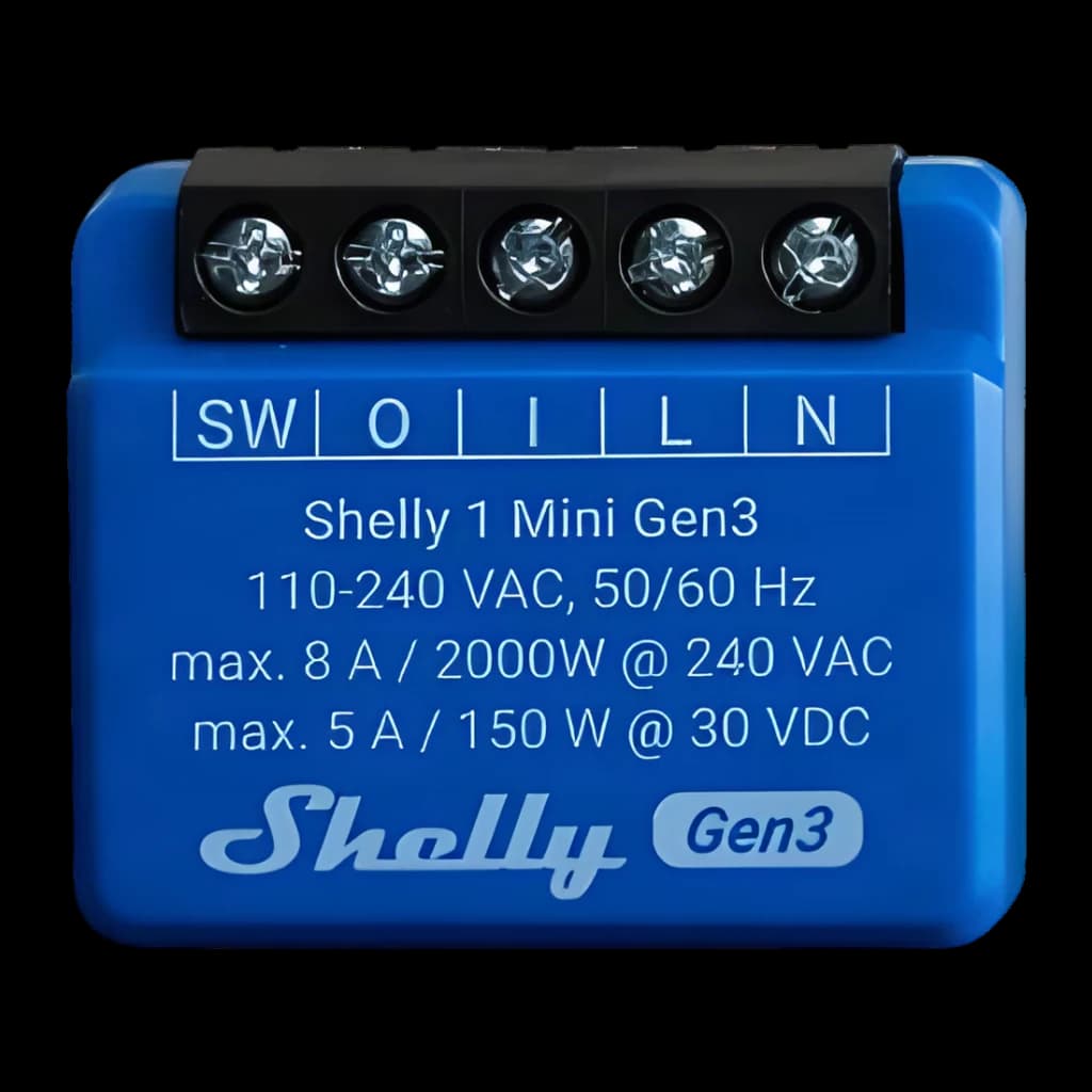 Relais intelligent Shelly 1 Mini Gen3 Bleu WiFi 2,4 GHz + Bluetooth 8A, vue avant: corps bleu avec borniers SW O I L N