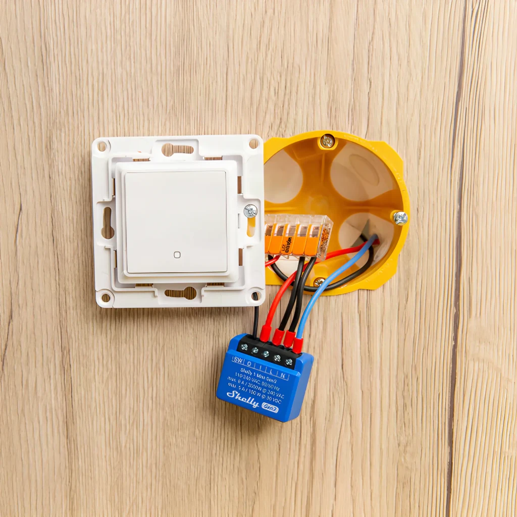 Relais intelligent Shelly 1 Mini Gen3 Bleu WiFi 2,4 GHz + Bluetooth 8A, installation: module bleu câblé près d'un boîtier