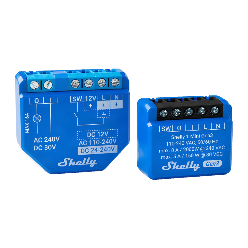 Relais intelligent Shelly 1 Mini Gen3 Bleu WiFi 2,4 GHz + Bluetooth 8A, comparaison de taille: à côté d'un relais plus