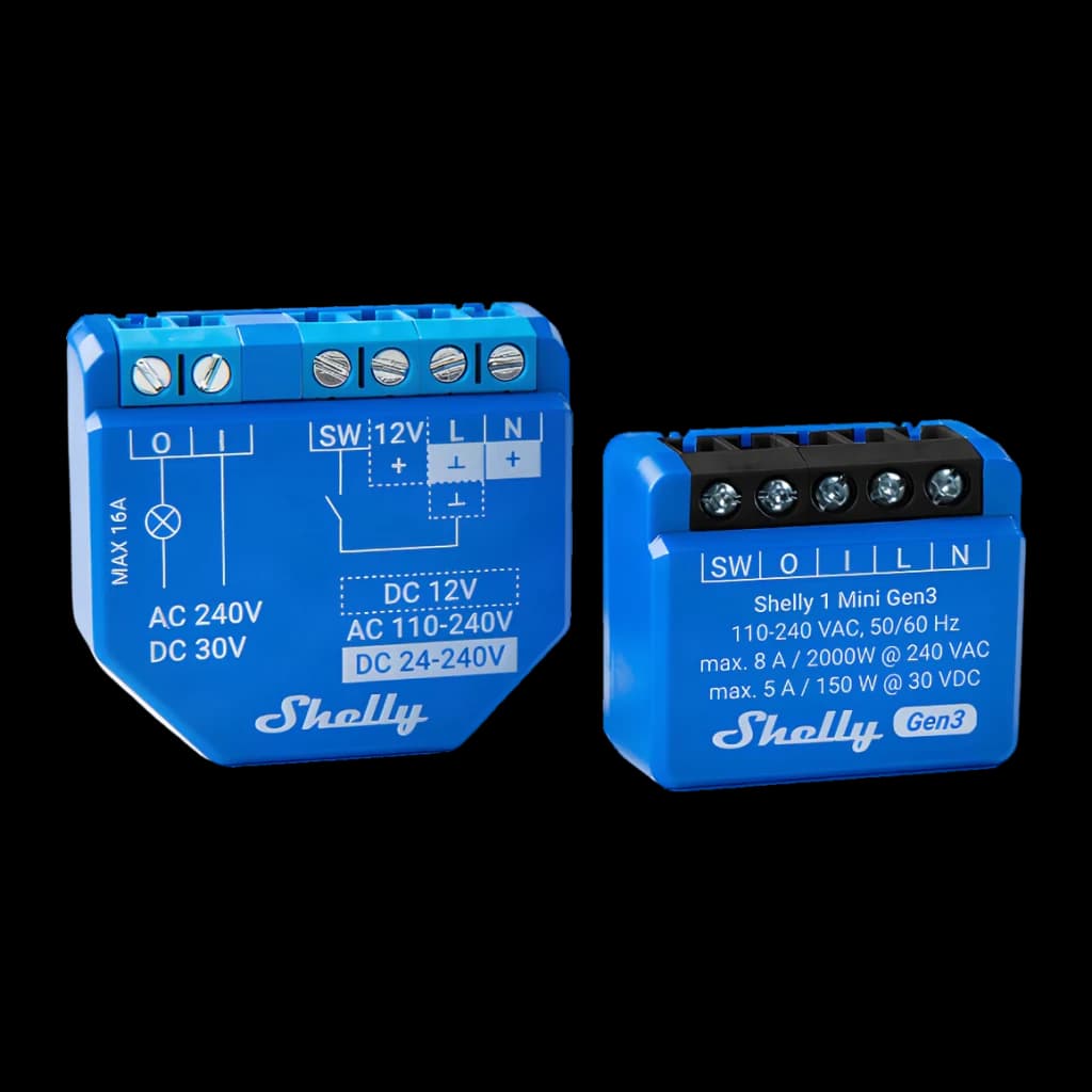 Relais intelligent Shelly 1 Mini Gen3 Bleu WiFi 2,4 GHz + Bluetooth 8A, comparaison de taille: à côté d'un relais plus