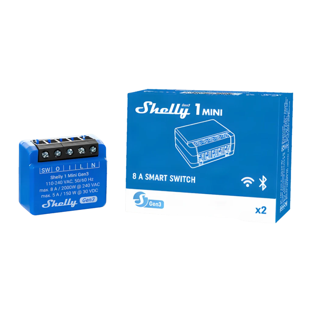 Relais intelligent Shelly 1 Mini Gen3 Bleu WiFi 2,4 GHz + Bluetooth 8A, pack x2: module bleu avec bornes et boîte
