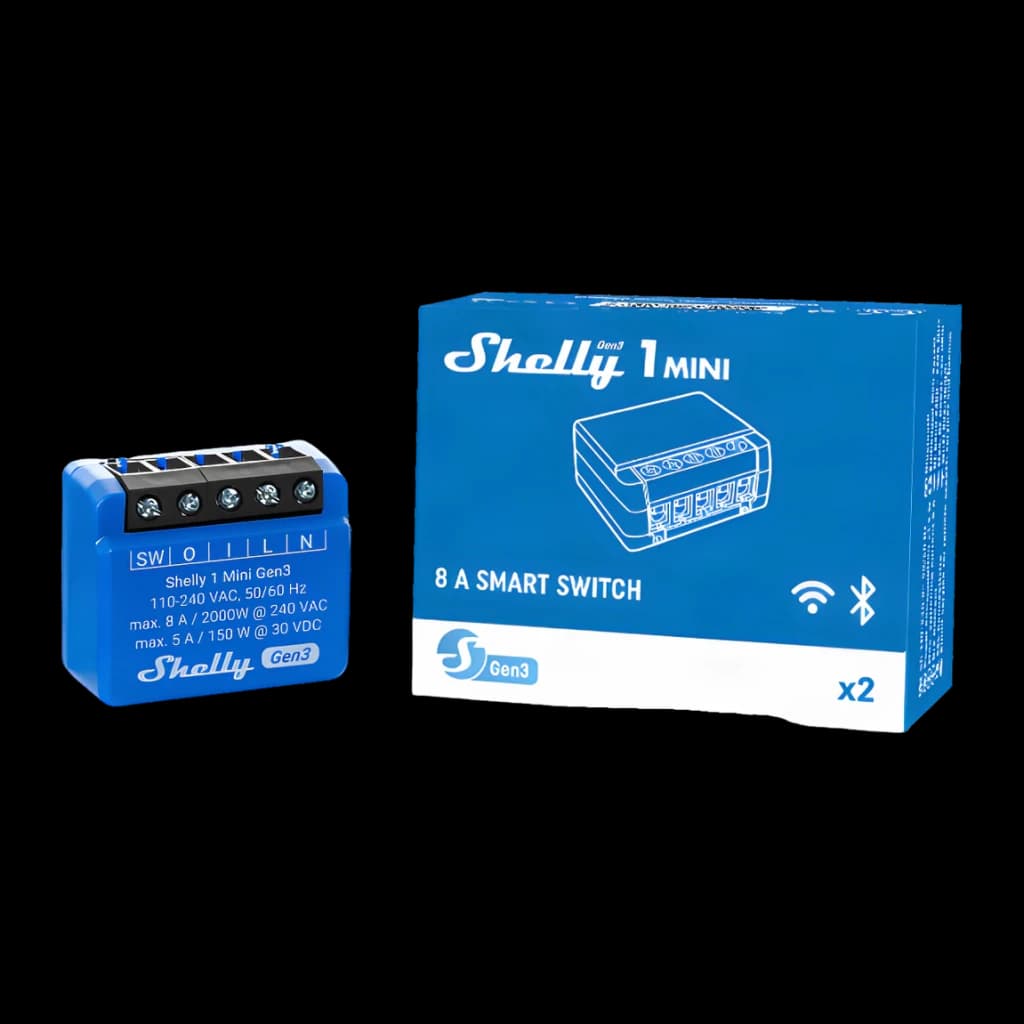 Relais intelligent Shelly 1 Mini Gen3 Bleu WiFi 2,4 GHz + Bluetooth 8A, pack x2: module bleu avec bornes et boîte