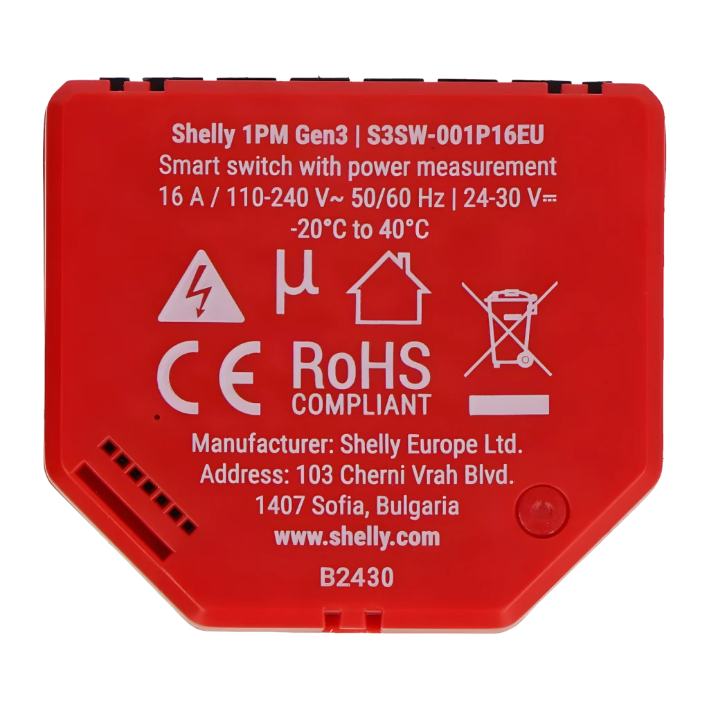 Relé inteligente Shelly 1PM Gen3 Pack de 4 Rojo Medición de consumo, vista trasera: etiqueta técnica CE RoHS 16A 110-240V
