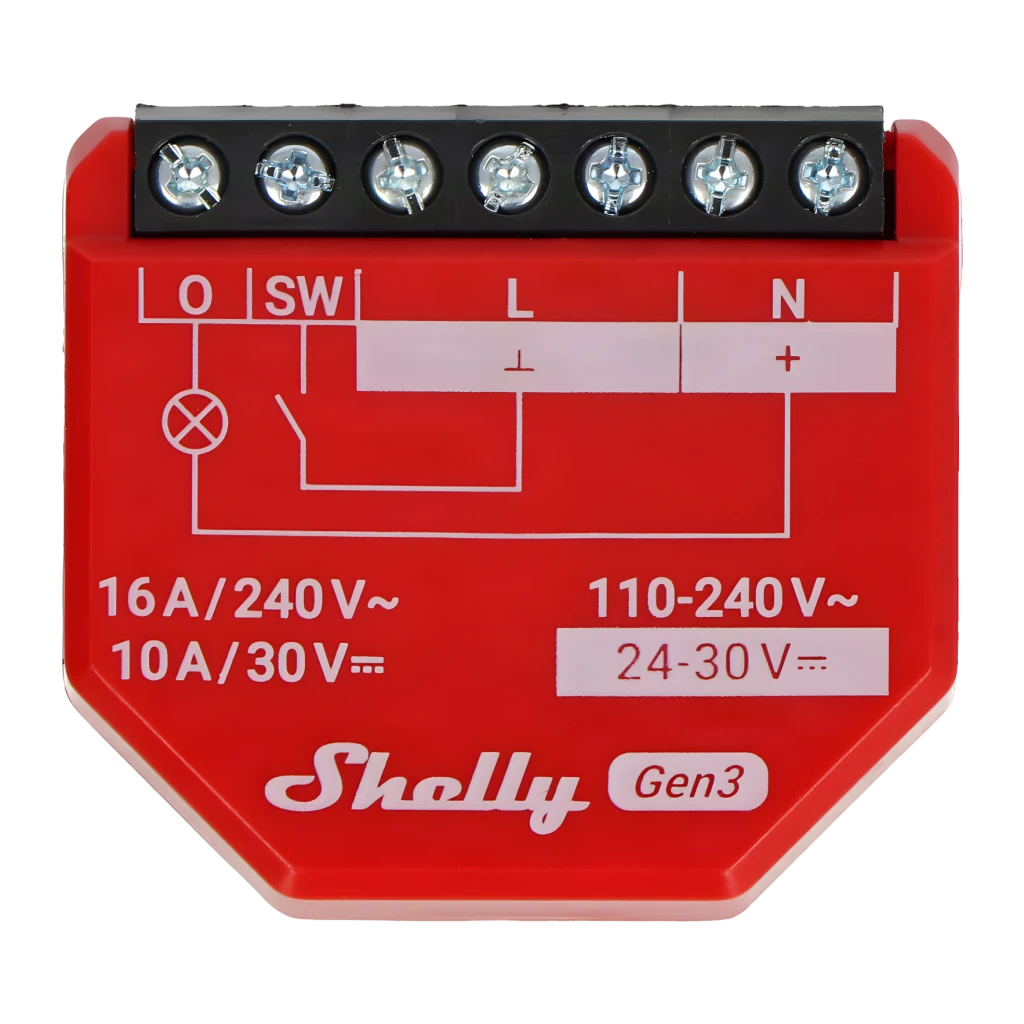 Relé inteligente Shelly 1PM Gen3 Pack de 4 Rojo Medición de consumo, frontal: diagrama de cableado O SW L N y bornes