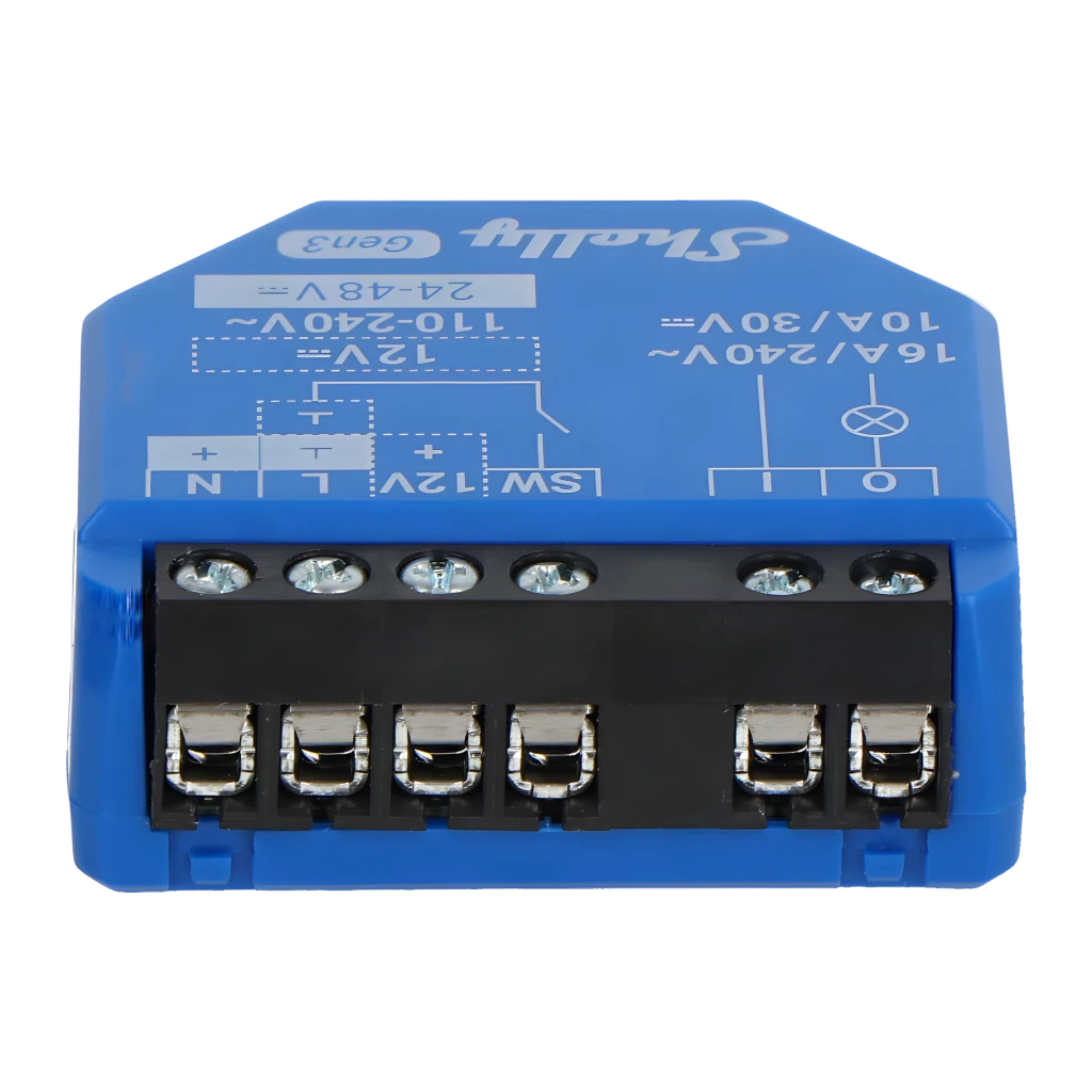 Relais intelligent Shelly 1 Gen3 Bleu Mesure Consommation WiFi + Bluetooth 240V AC, vue avant-bas: borniers de connexion