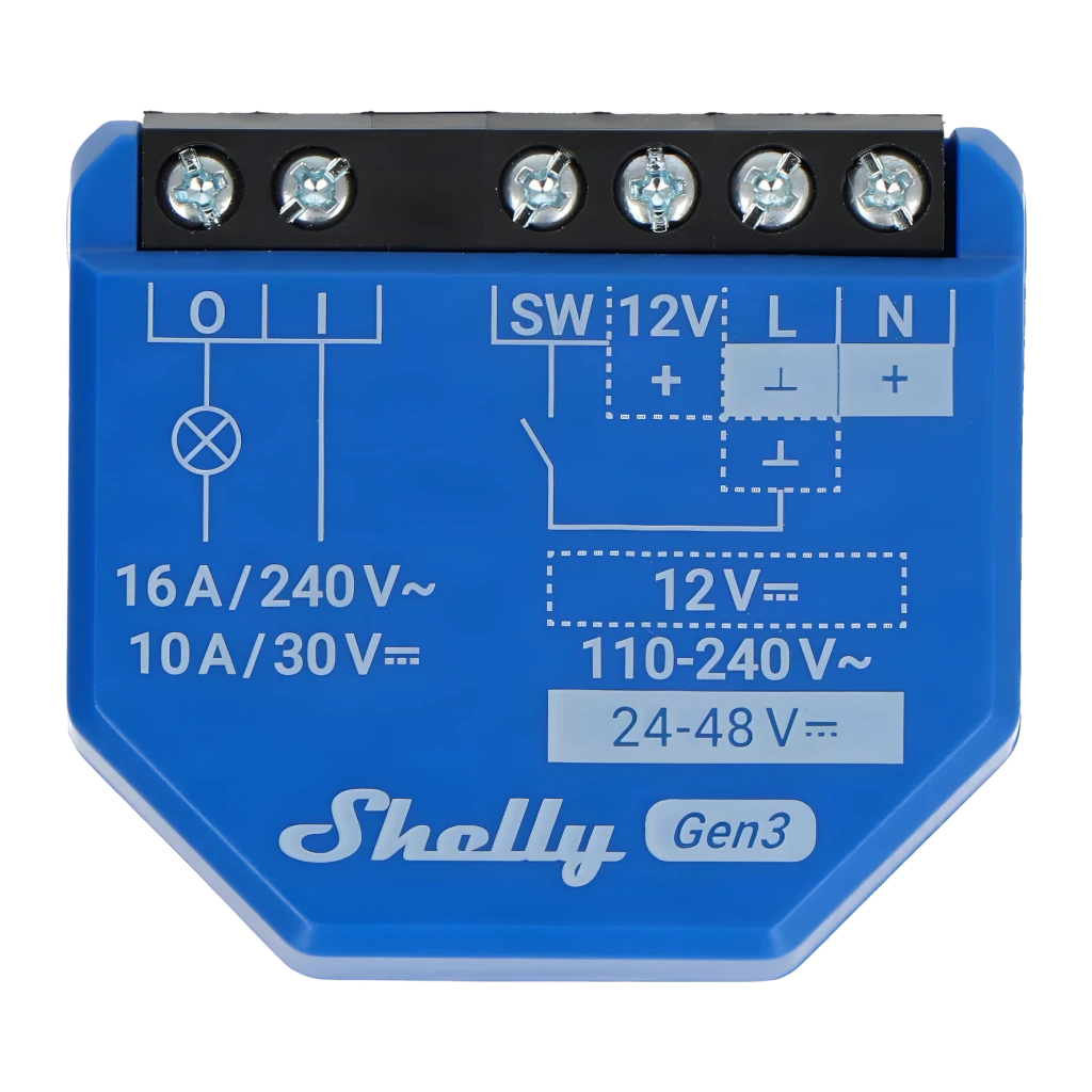 Relais intelligent Shelly 1 Gen3 Bleu Mesure Consommation WiFi + Bluetooth 240V AC, vue avant: schéma de câblage et bornes