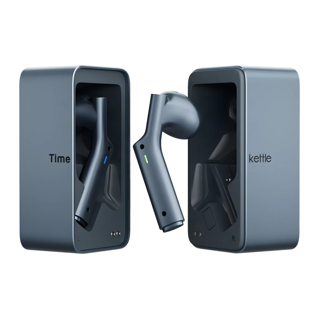 Auriculares Traductores Timekettle W4 Plus Azul con estuche magnético, diseño in-ear ergonómico, acabado metálico azul y pines de carga visibles en cada - Ítem3