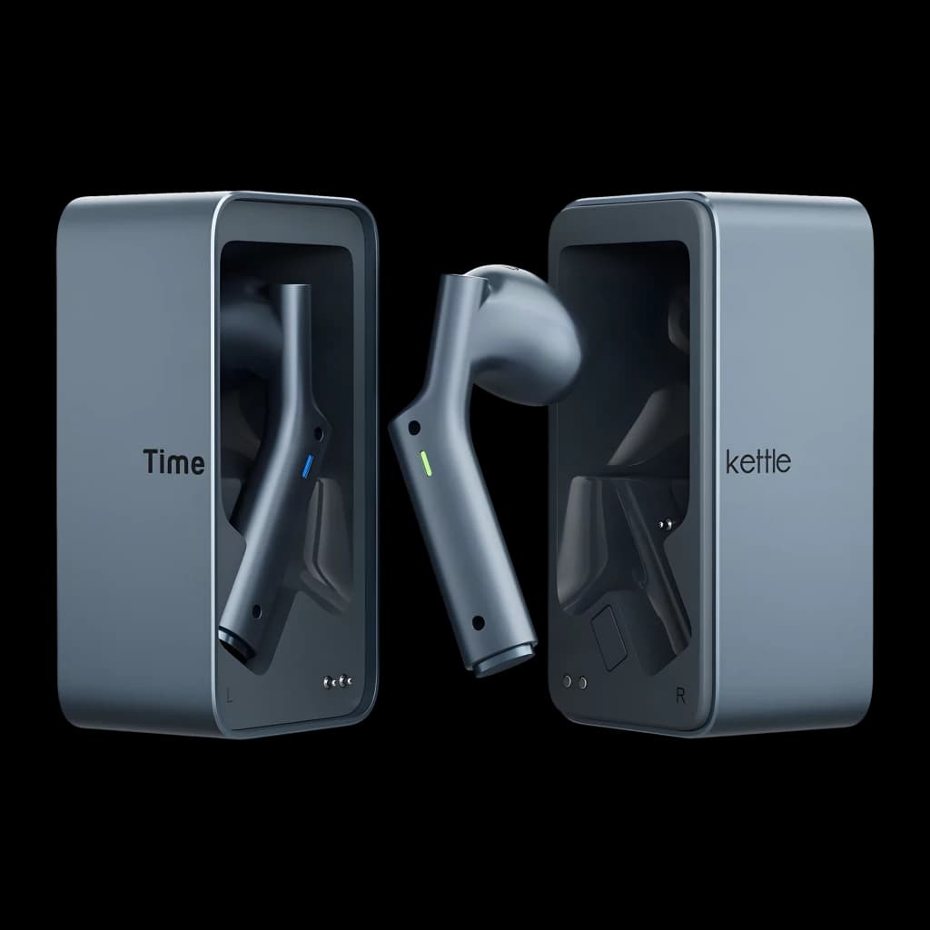 Auriculares Tradutores Timekettle W4 Plus Azul com estojo magnético cinza, earbuds intra-auriculares com LEDs, marca dividida Time e kettle nas tampas