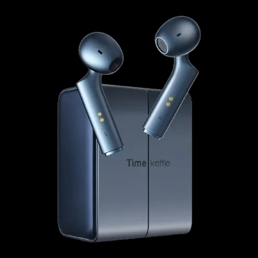 Auriculares Tradutores Timekettle W4 Plus Azul com estojo magnético, design intra-auricular ergonômico, acabamento metálico azul e indicadores L e R.