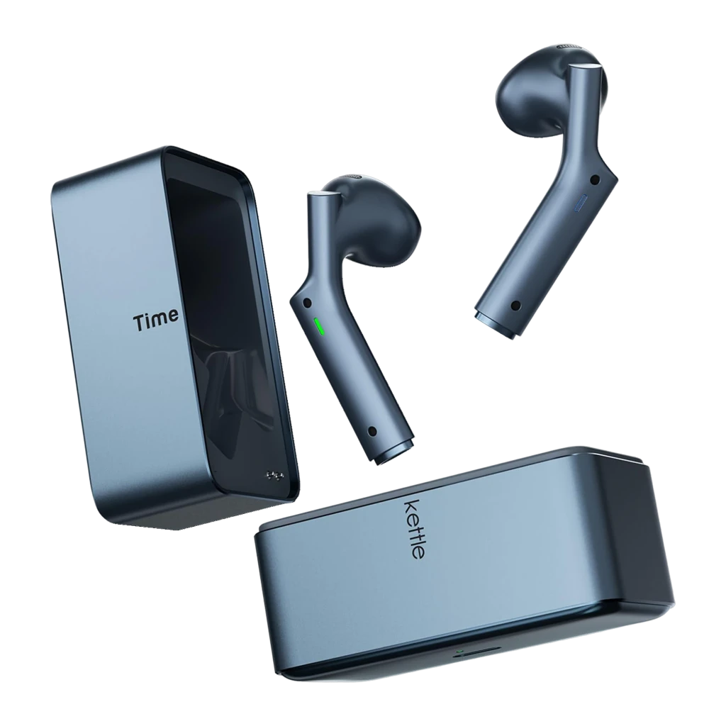 Auriculares Traductores Timekettle W4 Plus Azul con estuche magnético, diseño in-ear ergonómico, acabado metálico azul y pines de carga visibles en cada - Ítem8