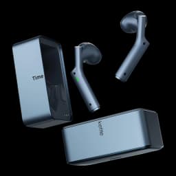 Auriculares Tradutores Timekettle W4 Plus Azul com design intra-auricular, acabamento metálico azul, estojo retangular magnético e LEDs indicadores