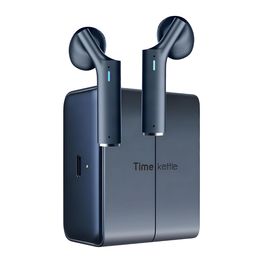 Auriculares Traductores Timekettle W4 Plus Azul con estuche magnético, diseño in-ear ergonómico, acabado metálico azul y pines de carga visibles en cada - Ítem4