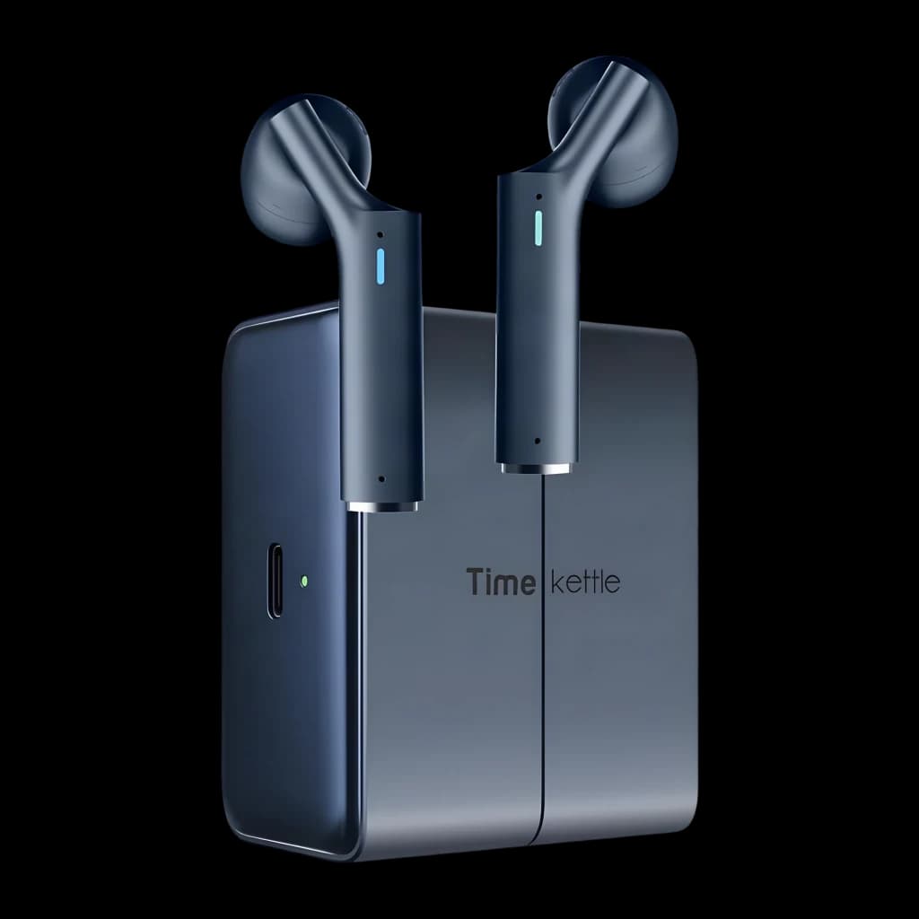 Auriculares Tradutores Timekettle W4 Plus Azul com estojo magnético, acabamento azul escuro, LEDs de status e design ergonômico tipo haste