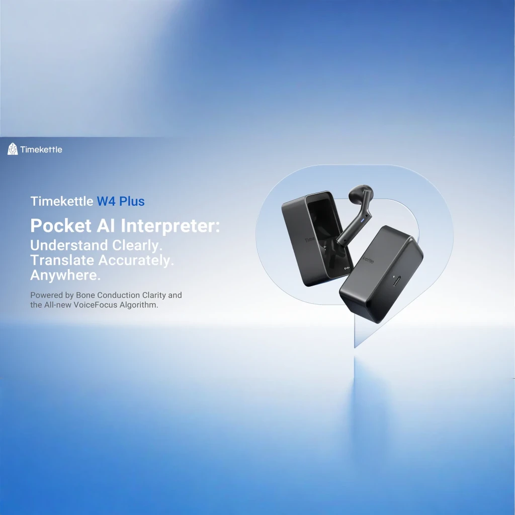 Auriculares Traductores Timekettle W4 Plus Azul con estuche magnético, diseño in-ear ergonómico, acabado metálico azul y pines de carga visibles en cada - Ítem7