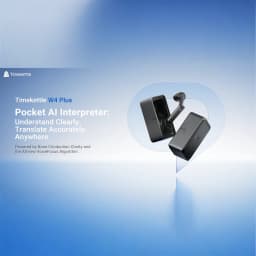 Auriculares Traductores Timekettle W4 Plus Azul, dois earbuds pretos com haste elegante, acabamento fosco e estojo compacto; design moderno e discreto.