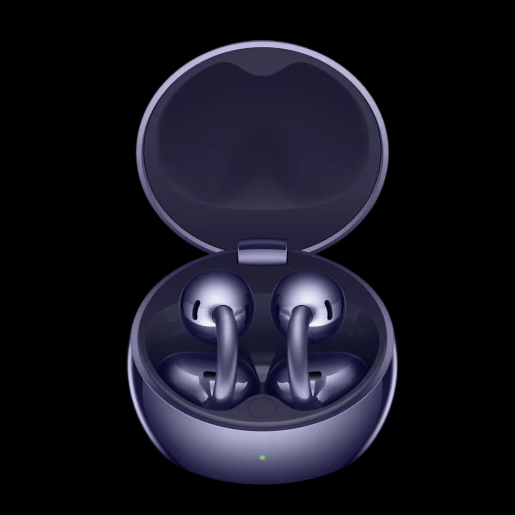 Estojo azul Huawei FreeClip 2 S com dois auriculares open-ear brilhantes; design curvo, base magnética e LED frontal verde. Bluetooth 6.0, até 38h.