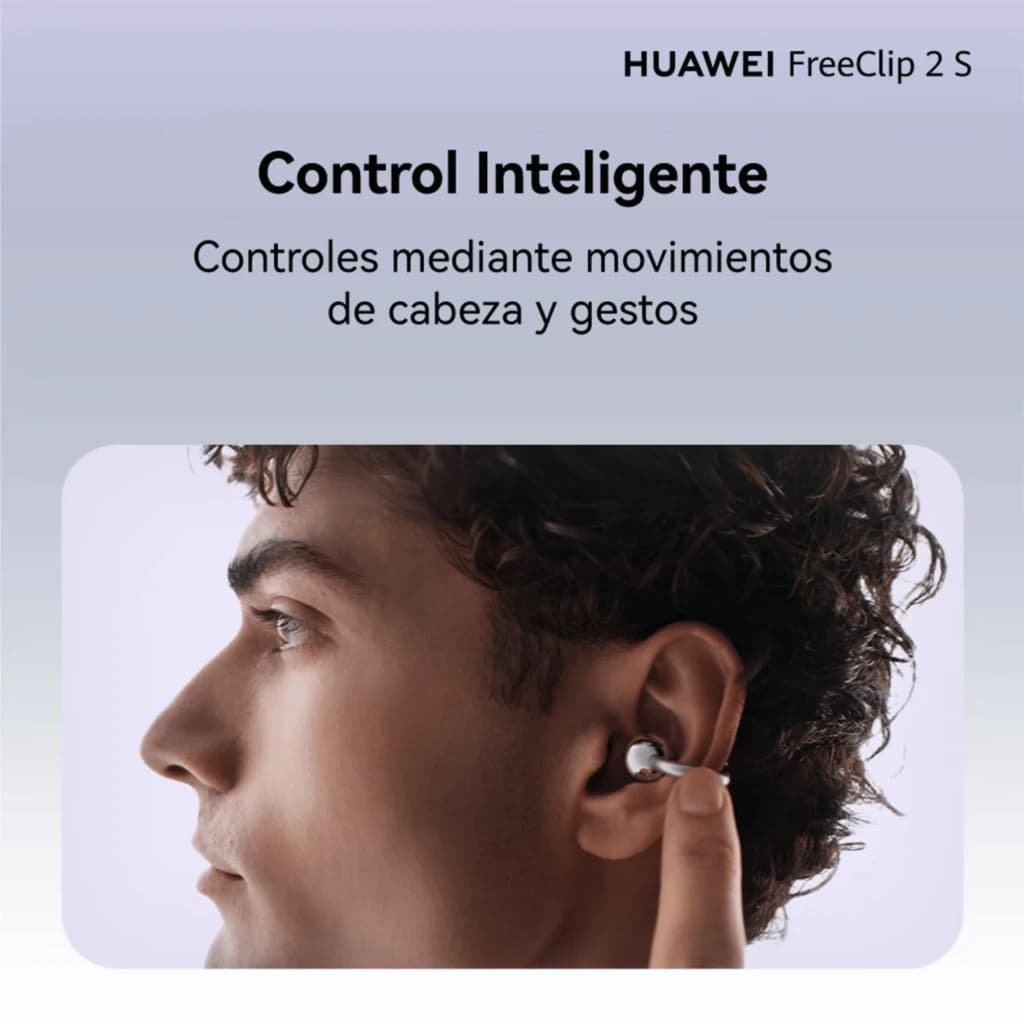 Auriculares Huawei FreeClip 2 S Azul open-ear com haste prateada, ajuste confortável na orelha e controle por gestos e movimentos da cabeça
