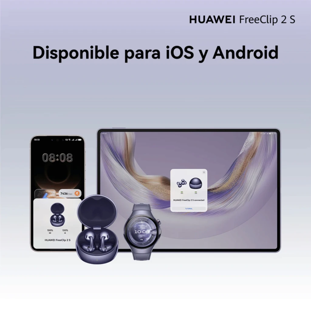 Auriculares Huawei FreeClip 2 S Azul open‑ear Bluetooth 6.0 con estuche compacto; diseño de clip curvo, acabado metálico y luz LED frontal - Ítem9