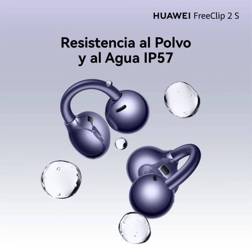 Auriculares Huawei FreeClip 2 S azul, design open-ear, formato ear-clip ergonômico, acabamento metálico, destaque para resistência IP57 contra água e poeira