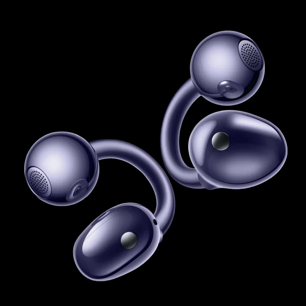 Auriculares open-ear azul escuro com design em clip curvo, cápsulas ovais brilhantes e microfones embutidos; leves, ergonômicos e modernos