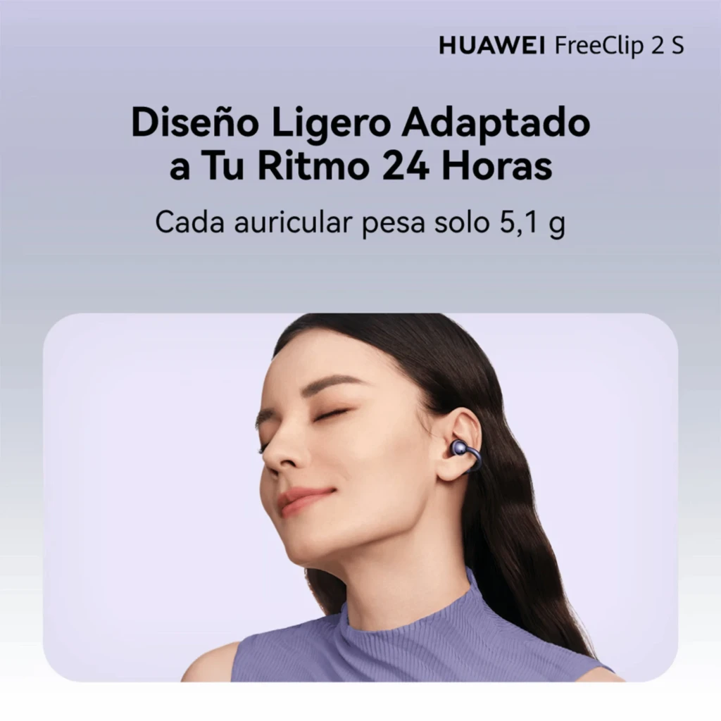 Auriculares Huawei FreeClip 2 S Azul open‑ear Bluetooth 6.0 con estuche compacto; diseño de clip curvo, acabado metálico y luz LED frontal - Ítem2