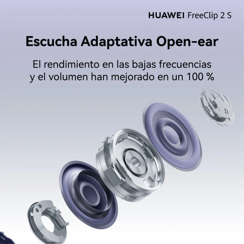 Auriculares Huawei FreeClip 2 S Azul open‑ear Bluetooth 6.0 con estuche compacto; diseño de clip curvo, acabado metálico y luz LED frontal - Ítem1