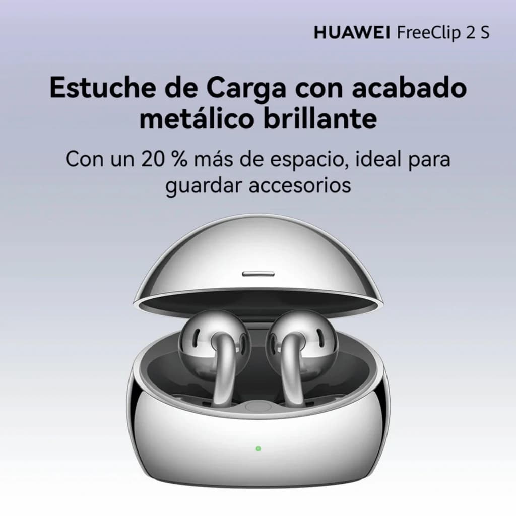 Estojo metálico brilhante Huawei FreeClip 2 S Azul, formato oval, tampa arredondada, LEDs frontais e interior com encaixes para auriculares open-ear Bluetooth