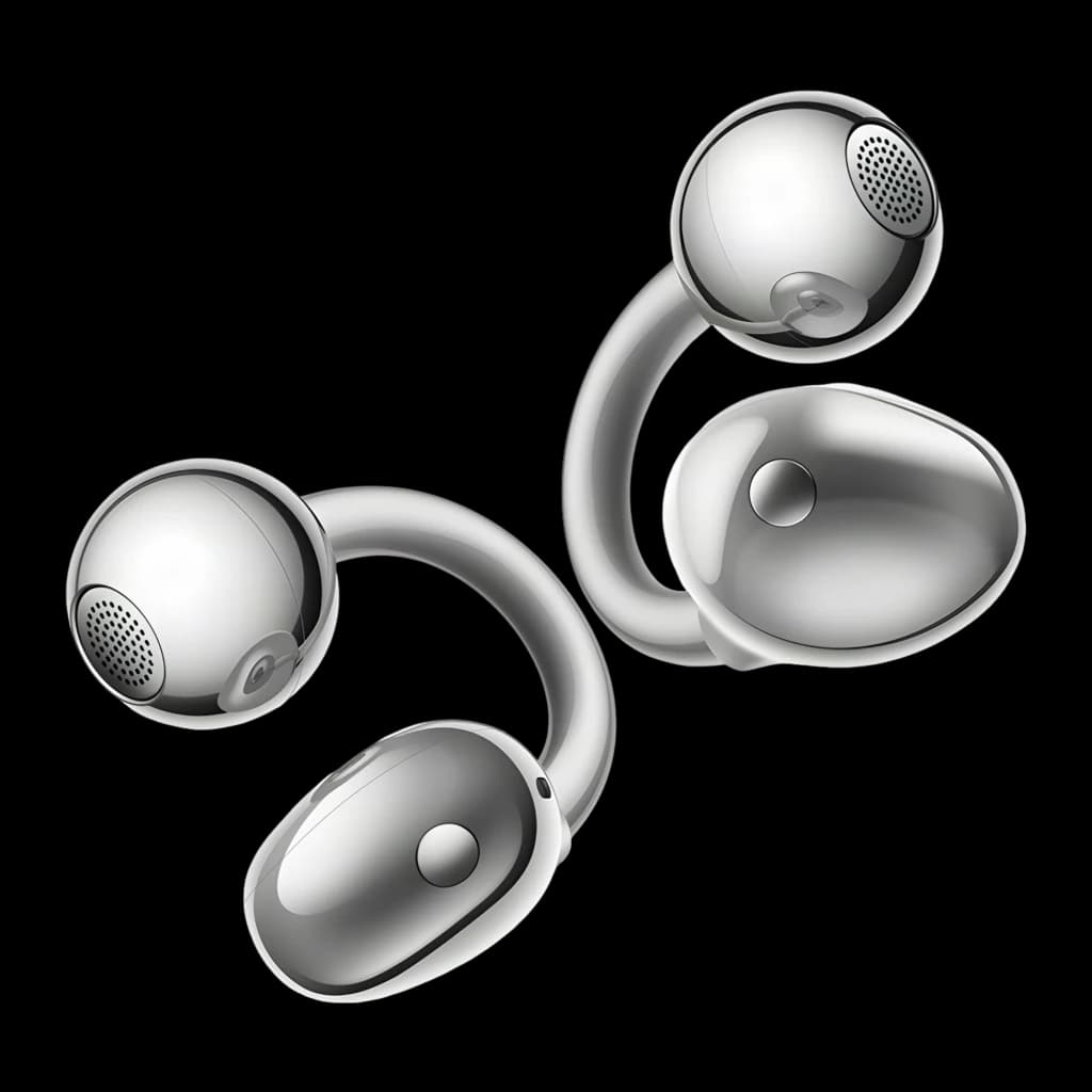 Auriculares Huawei FreeClip 2 S Open-Ear Bluetooth 6.0 prateados, design em clipe curvo, grelhas visíveis e botão lateral, com estojo e até 38h de uso