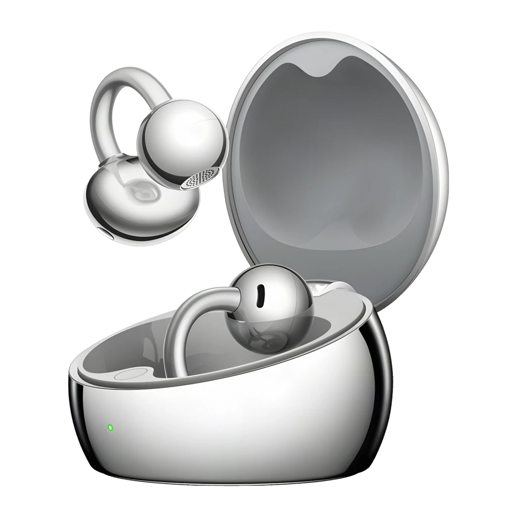 Auriculares Huawei FreeClip 2 S open-ear plateados con diseño en aro y acabado metálico brillante, estuche redondo gris con luz LED frontal indicador - Ítem5