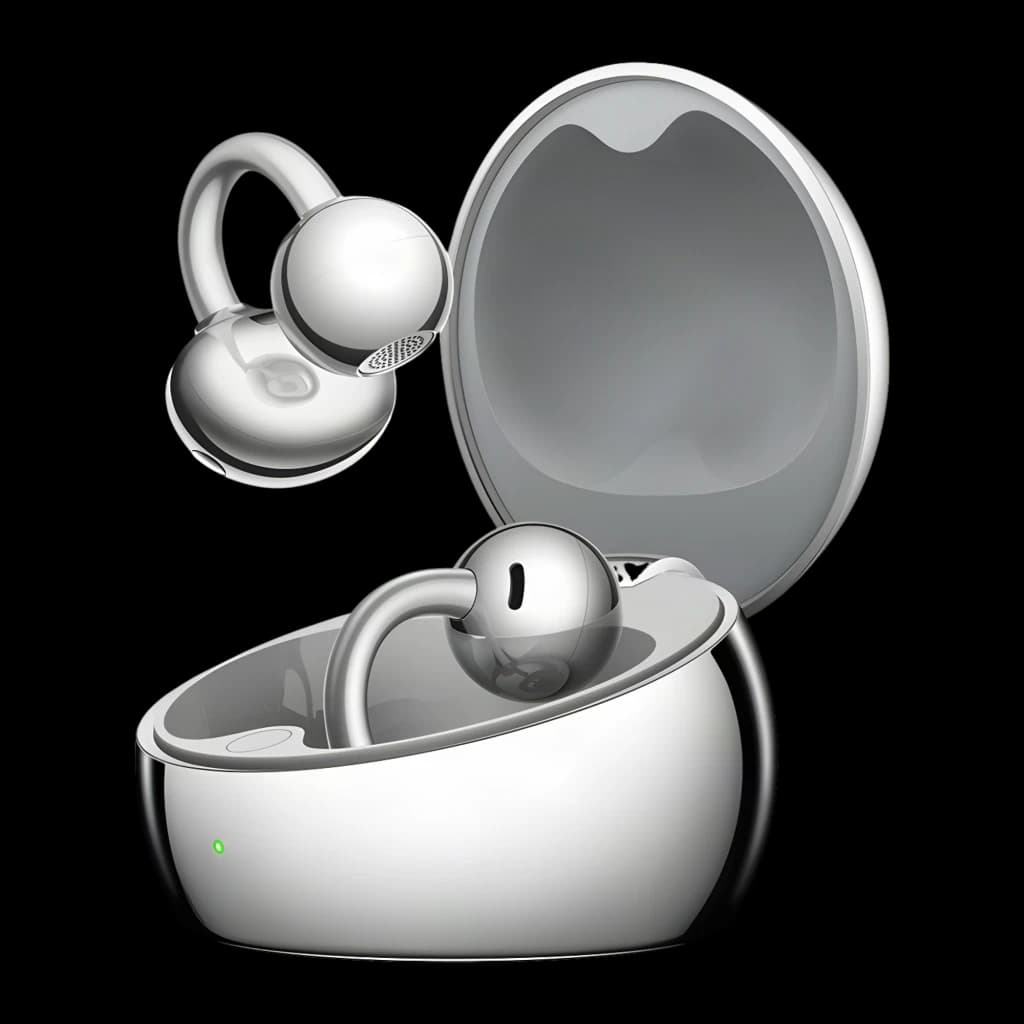 Auriculares Huawei FreeClip 2 S Open-Ear prateados com estojo oval brilhante, design clip curvo, LEDs de status e microperfurações visíveis; Bluetooth 6.0,