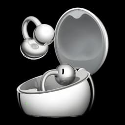 Auriculares Huawei FreeClip 2 S Open-Ear prateados com estojo oval brilhante, design clip curvo, LEDs de status e microperfurações visíveis; Bluetooth 6.0,