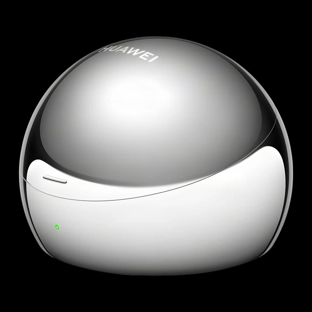 Estojo esférico prateado e branco dos Auriculares Huawei FreeClip 2 S Open-Ear Bluetooth 6.0, com LED indicador frontal e design compacto brilhante