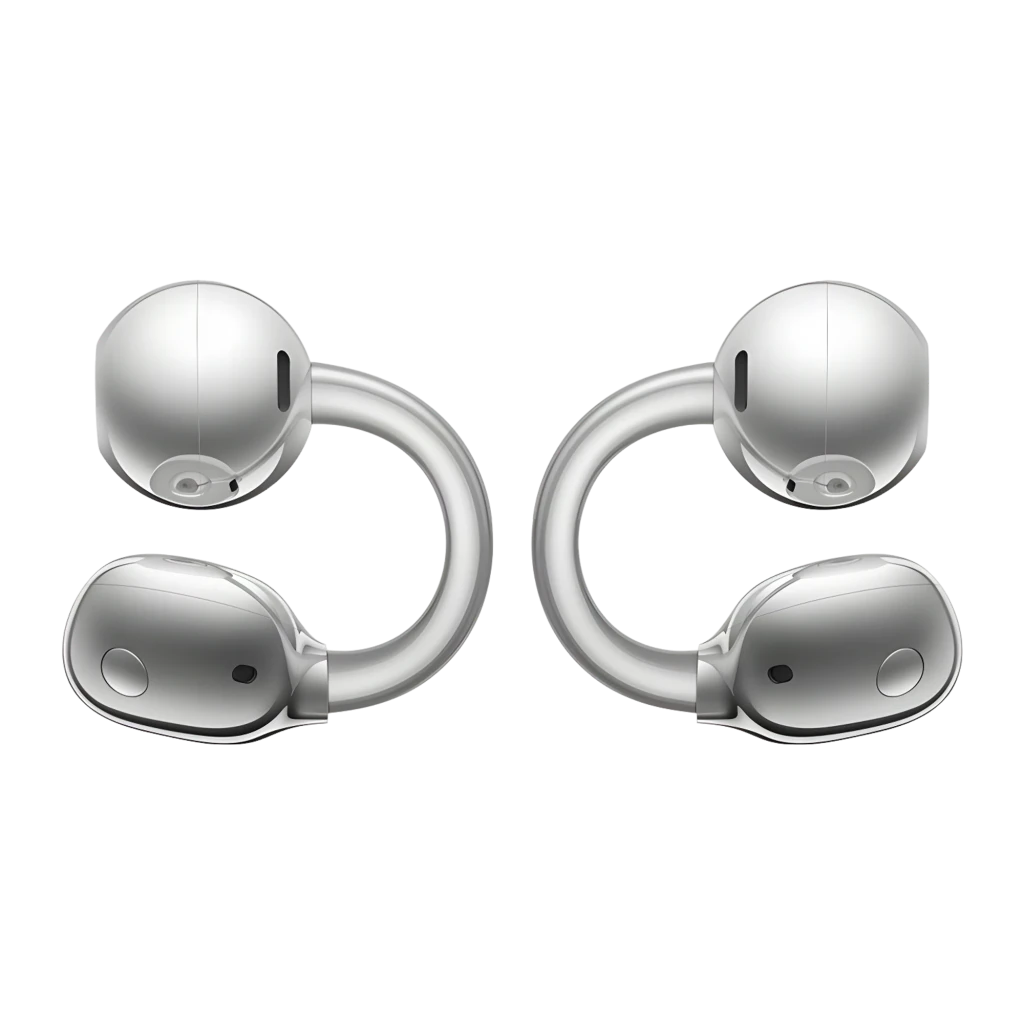 Auriculares Huawei FreeClip 2 S open-ear plateados con diseño en aro y acabado metálico brillante, estuche redondo gris con luz LED frontal indicador - Ítem1