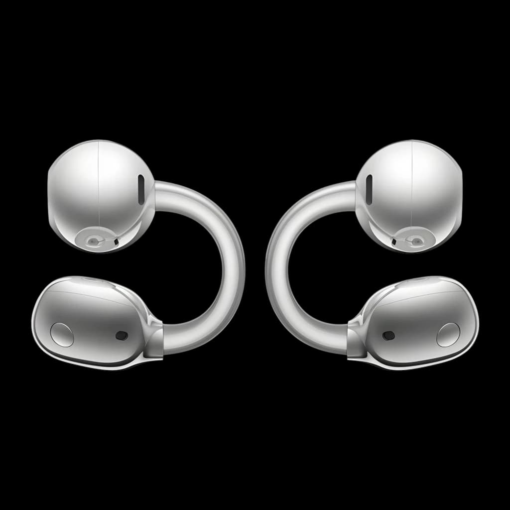 Auriculares open-ear prateados com design em clip curvo, duas unidades espelhadas com microfones e sensores visíveis, acabamento metálico elegante