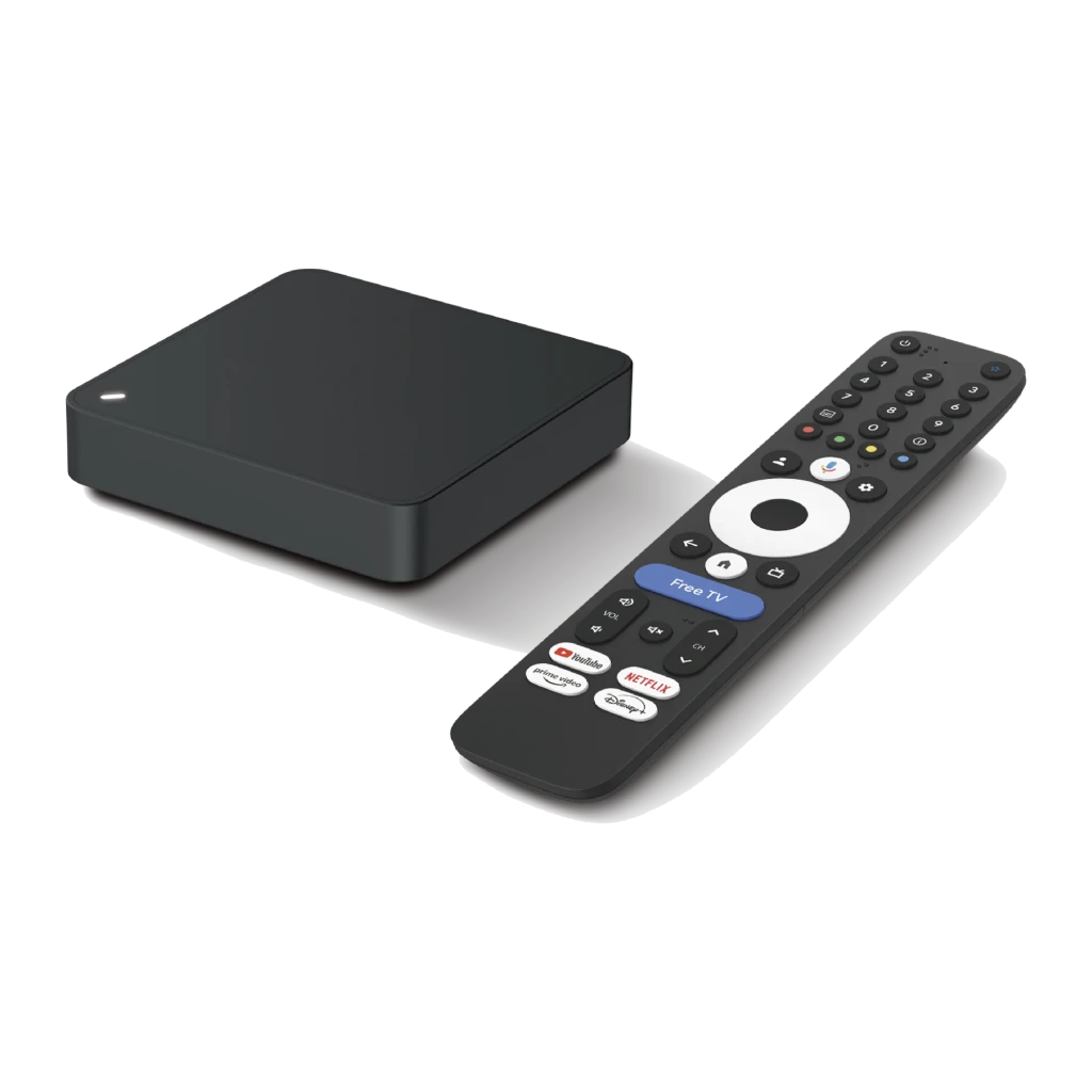 Leitor Multimédia RockTek G2S S905X5M-J preto com caixa compacta e comando Bluetooth com atalhos YouTube, Prime Video, Netflix e teclas de navegação