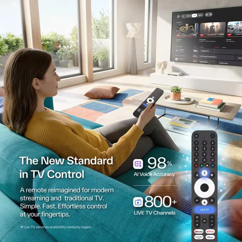 Leitor multimédia RockTek G2S preto com comando remoto: design compacto, porta frontal, botões coloridos e anel central; interface TV 4K em ecrã amplo