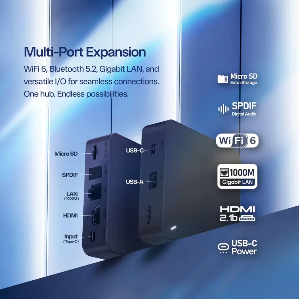 Leitor Multimédia RockTek G2S compacto com portas HDMI, USB-A, USB-C Power, LAN gigabit, Micro SD e SPDIF; suporta WiFi 6 e Bluetooth 5.2