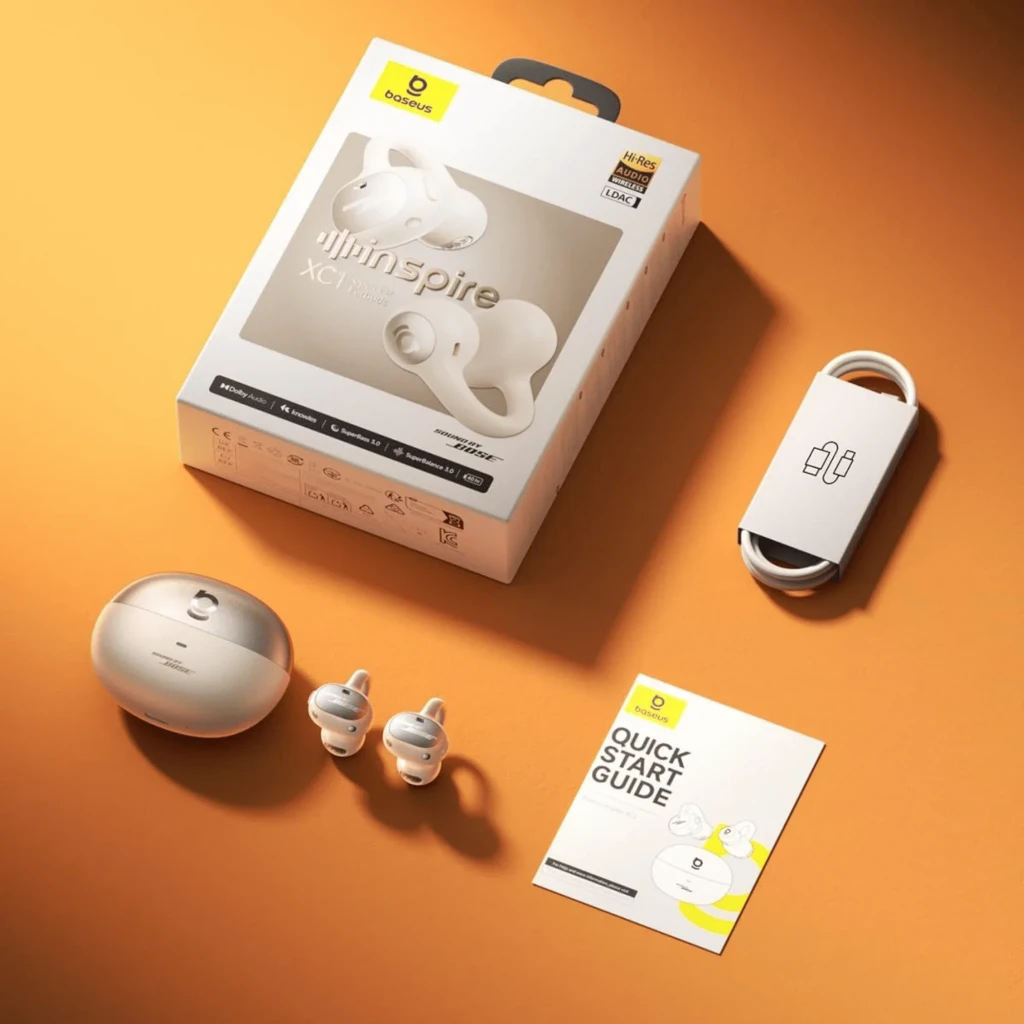 Auriculares Baseus Inspire XC1 Blanco open-ear TWS con estuche ovalado bicolor, indicador LED frontal y ganchos de sujeción ergonómicos en cada auricular - Ítem3