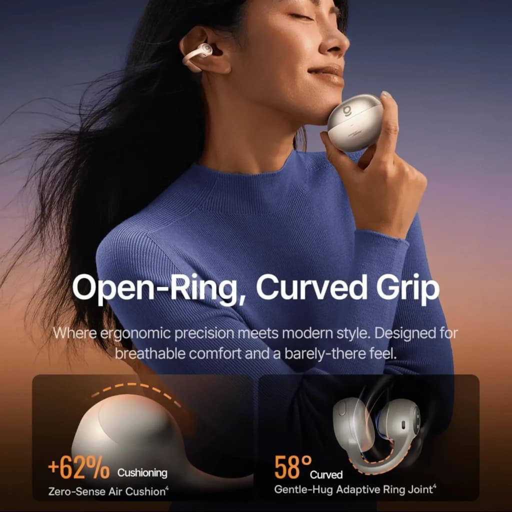 Auriculares Baseus Inspire XC1 blancos de diseño open-ear con aro abierto y agarre curvo, almohadillas suaves, ajuste ergonómico y estuche compacto elegante