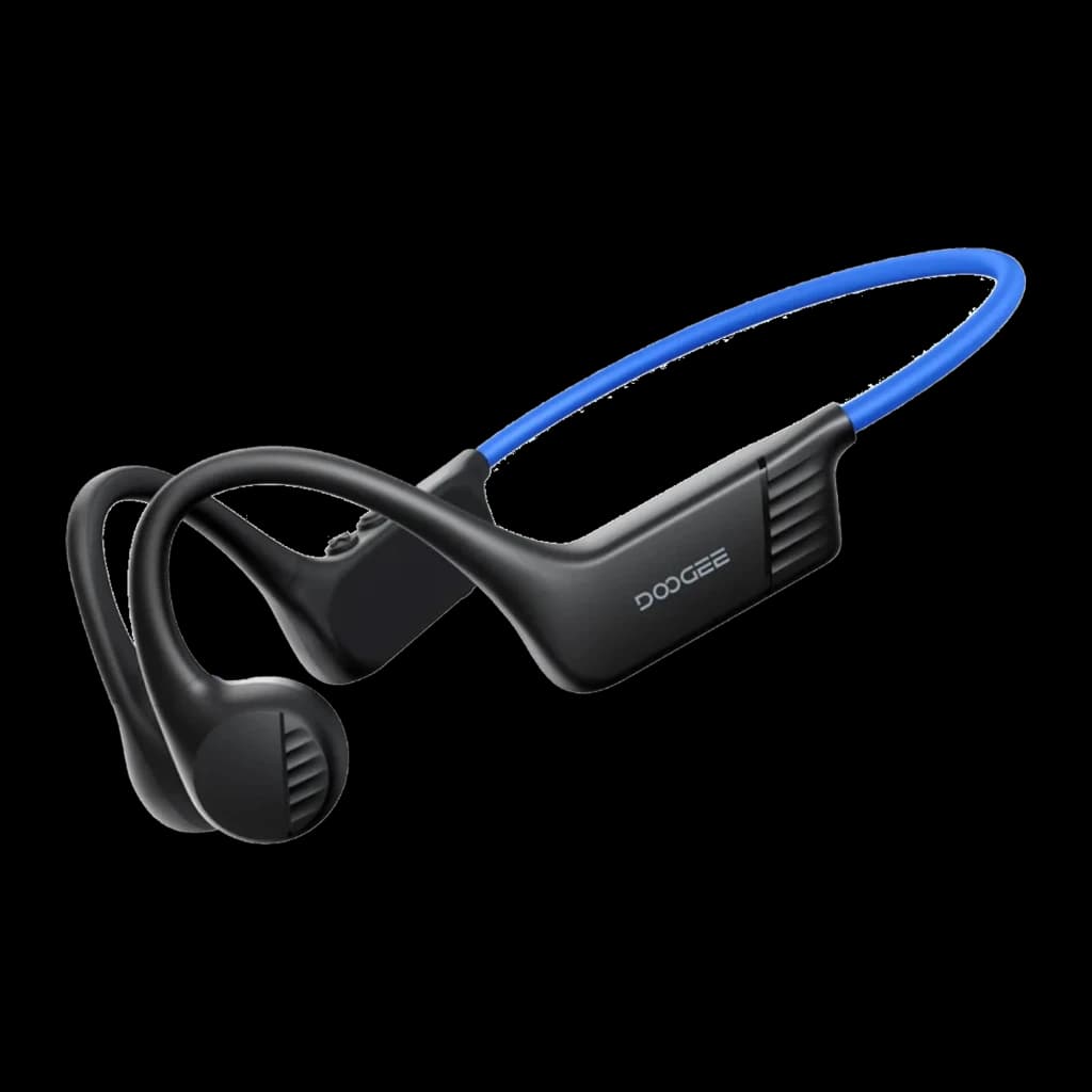 Auriculares Doogee BoneBeat Run Azul Open Ear con conducción ósea, diseño envolvente negro con banda flexible azul y transductores laterales compactos