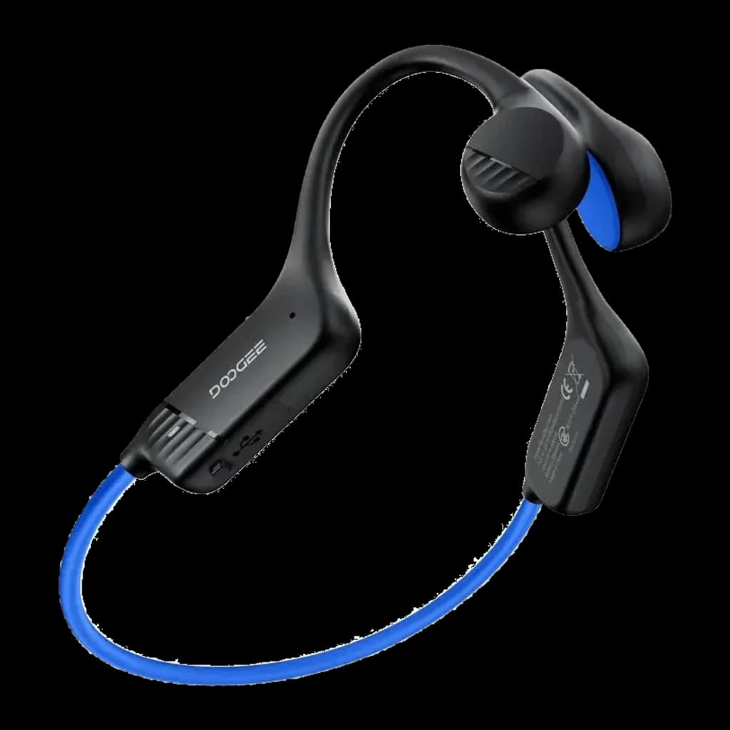 Auriculares Doogee BoneBeat Run Azul Open Ear con diadema flexible negra, cable trasero azul y almohadillas de conducción ósea en negro y azul