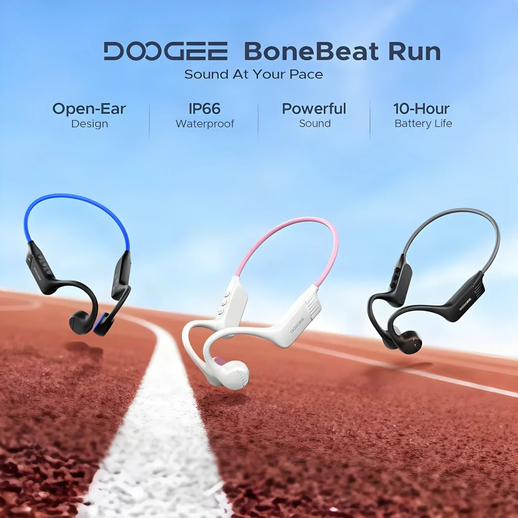 Auriculares Doogee BoneBeat Run Azul Open Ear con conducción ósea, diseño envolvente negro con banda flexible azul y transductores laterales compactos - Ítem6