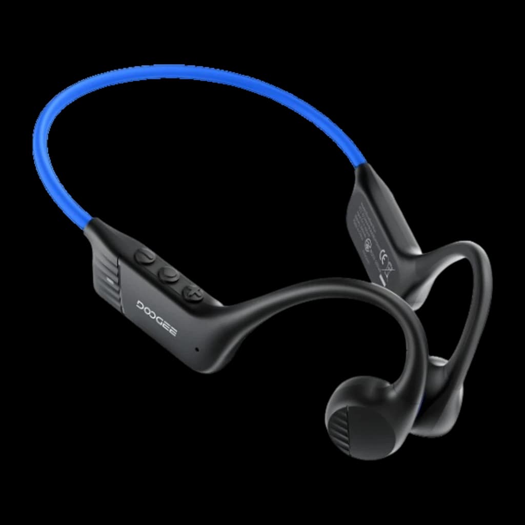Auriculares Doogee BoneBeat Run Azul Open Ear con conducción ósea, diadema trasera azul, ganchos ergonómicos negros y controles laterales accesibles