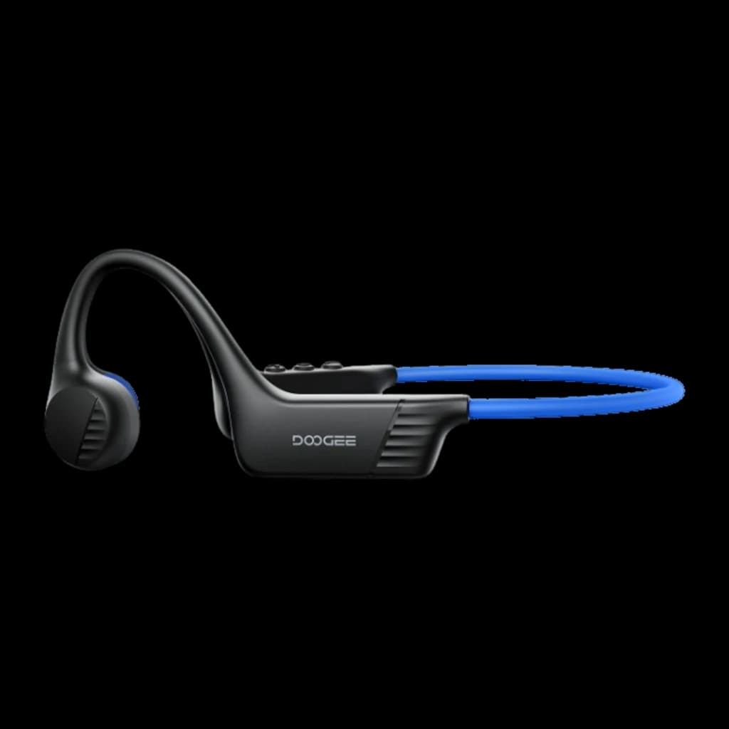 Auriculares Doogee BoneBeat Run Azul Open Ear de conducción ósea, diadema trasera flexible azul, cuerpo negro con botones superiores y diseño ligero sport