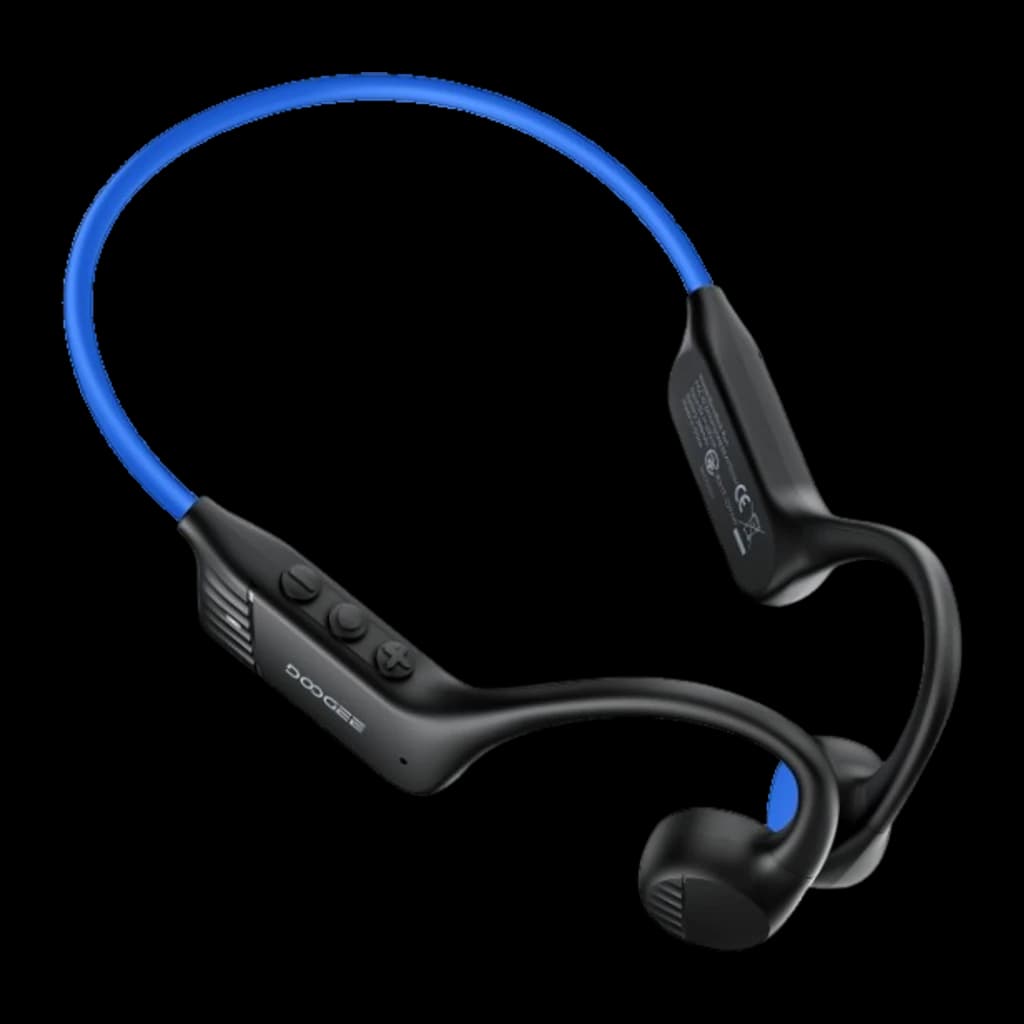 Auriculares Doogee BoneBeat Run Azul Open Ear con banda trasera flexible, diseño negro y azul, botones laterales y transductores de conducción ósea