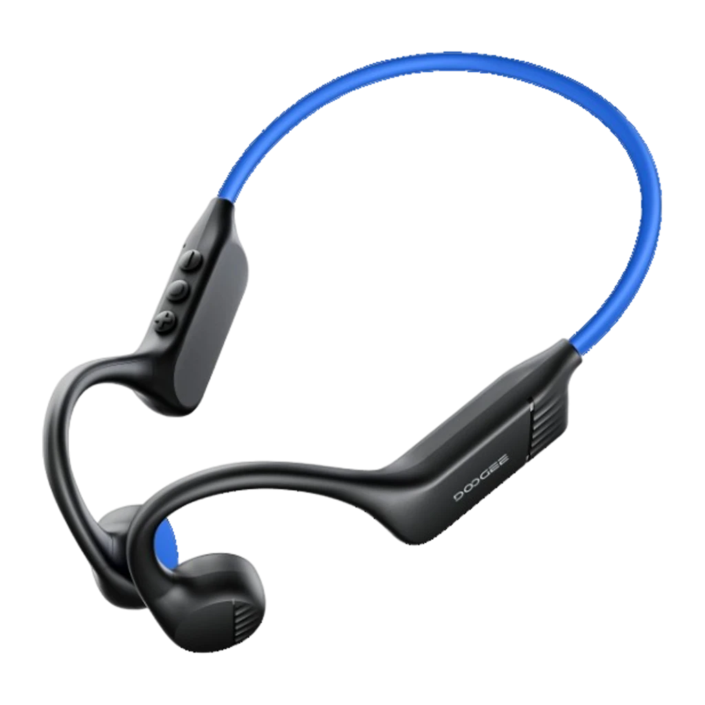 Auriculares Doogee BoneBeat Run Azul Open Ear con conducción ósea, diseño envolvente negro con banda flexible azul y transductores laterales compactos - Ítem1