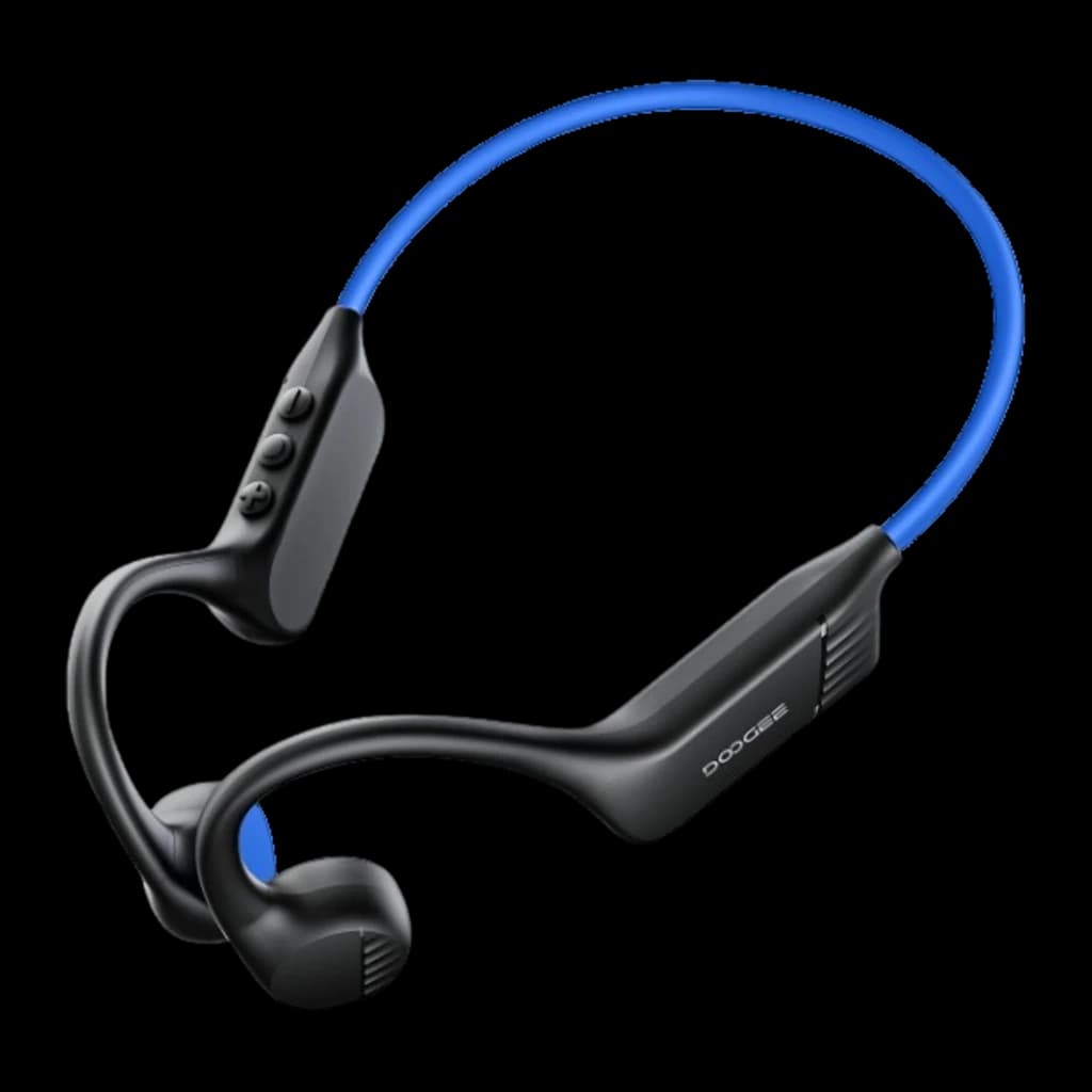 Auriculares Doogee BoneBeat Run Azul de conducción ósea, diseño open ear. Diadema flexible azul, módulos negros con botones laterales y ajuste ergonómico