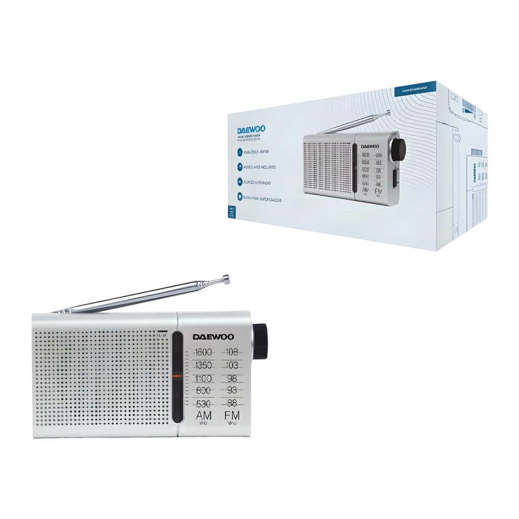 Radio portable Daewoo AM/FM Piles AA Argent DW1037, produit et boîte: radio argentée avec antenne extensible et cadran AM/FM