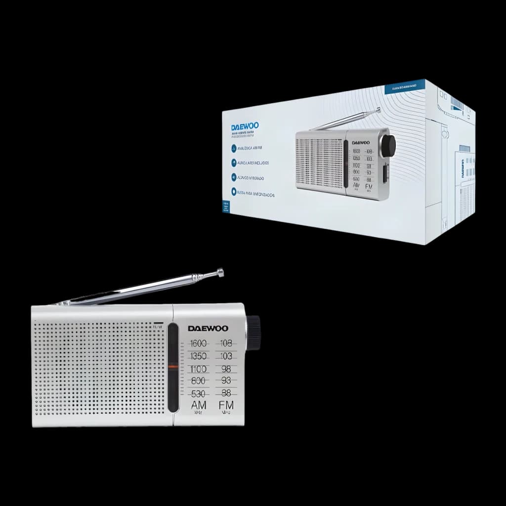 Radio portable Daewoo AM/FM Piles AA Argent DW1037, produit et boîte: radio argentée avec antenne extensible et cadran AM/FM